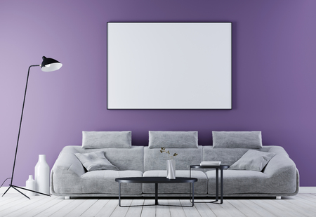 Mock up poster frame in modern vintage interior ,living room with white leather sofa, 3d renderingの写真素材