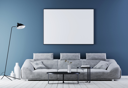 Mock up poster frame in modern vintage interior ,living room with white leather sofa, 3d renderingの写真素材
