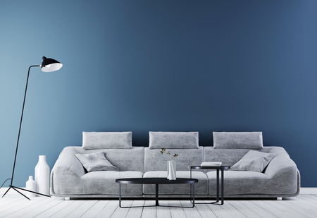 Modern vintage interior ,living room with empty wall for mockup, white leather sofa, 3d renderingの写真素材
