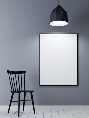 Mock up poster frame on the grey wall with black chair and lamp in minimalist interior. 3D renderingの写真素材