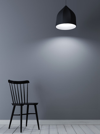 Mock up poster frame on the gray wall with black chair and lamp in minimalist interior. 3D renderingの写真素材