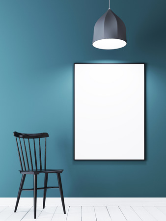 Mock up poster frame on the blue wall with black chair and lamp in minimalist interior. 3D renderingの写真素材