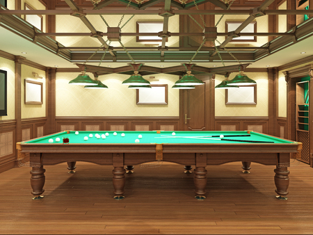 Billiard room in classical style with wooden decoration. 3D rendering.の写真素材