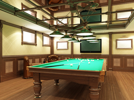 Billiard room in classical style with wooden decoration. 3D rendering.の写真素材