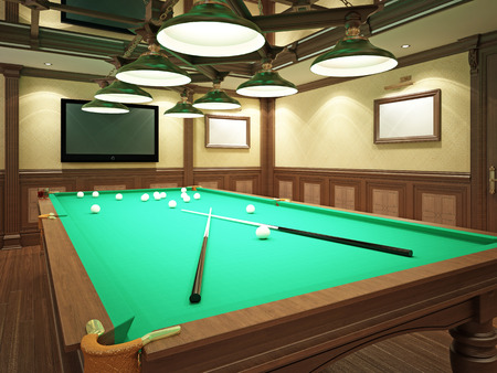 Billiard room in classical style with wooden decoration. 3D rendering.の写真素材