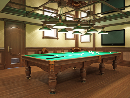 Billiard room in classical style with wooden decoration. 3D rendering.の写真素材