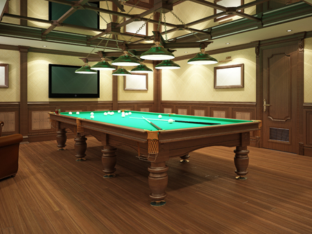 Billiard room in classical style with wooden decoration. 3D rendering.の写真素材