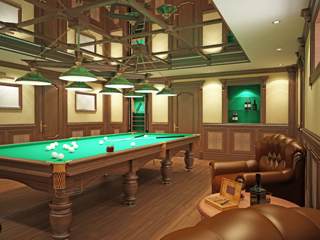 Billiard room in classical style with wooden decoration. 3D rendering.の写真素材