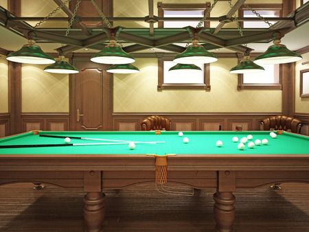 Billiard room in classical style with wooden decoration. 3D rendering.の写真素材