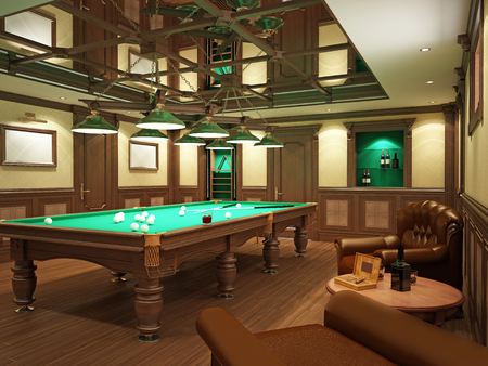 Billiard room in classical style with wooden decoration. 3D rendering.の写真素材