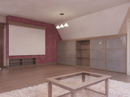 Home cinema in the attic in a modern style in burgundy and white colors. 3D renderingの写真素材