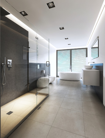 Contemporary bathroom with shower and bath in white and gray colors. 3D renderingの写真素材