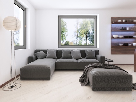 Modern gray sofa in the contemporary style lounge. 3D renderingの写真素材