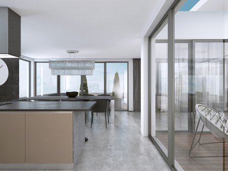Contemporary kitchen with large windows and island with bar stools. 3D rendering.の写真素材