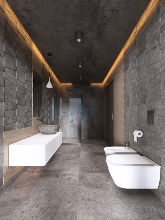 Contemporary bathroom in dark tones with ceiling lighting. 3D renderingの写真素材