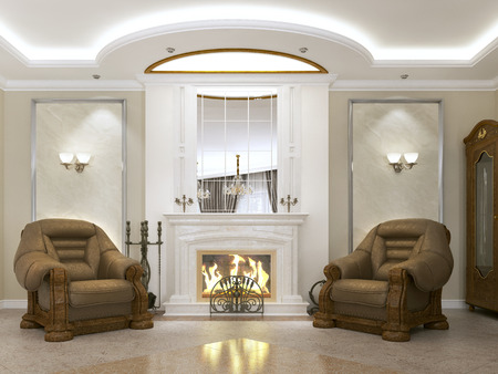 Two brown leather armchairs in classic style near the fireplace with fire. 3D renderingの写真素材