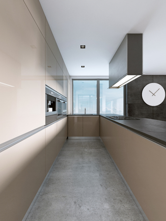 Contemporary kitchen with large windows and island with bar stools. 3D rendering.の写真素材