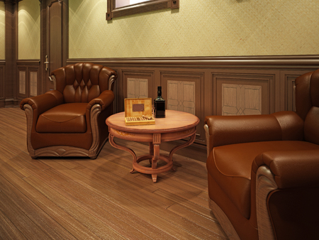 Leather armchairs in a billiard room with a table. 3D rendering.の写真素材