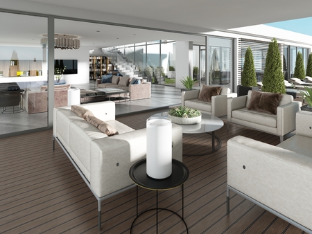 Covered terrace with modern furniture and flowerpots. 3d rendering.の写真素材
