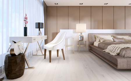 Luxurious modern master bedroom in light colors in pastel colors. 3D renderingの写真素材