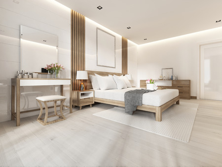 Modern light bedroom with wooden furniture in Scandinavian style. 3D renderingの写真素材