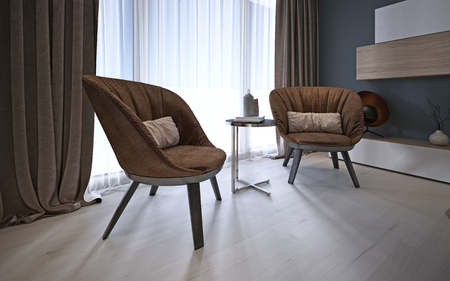 Brown modern comfortable armchairs in the bedroom. 3D renderingの写真素材