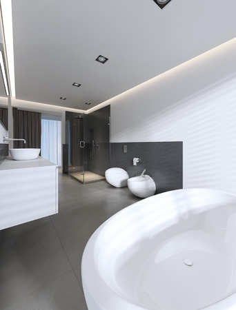 Contemporary bathroom with shower and bath in white and gray colors. 3D renderingの写真素材