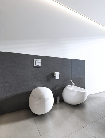 Toilet and bidet in white bathroom. 3D renderingの写真素材