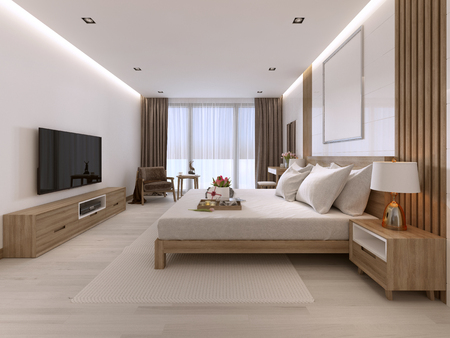 Modern light bedroom with wooden furniture in Scandinavian style. 3D renderingの写真素材