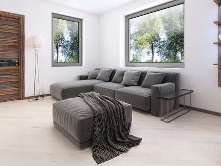 Modern gray sofa in the contemporary style lounge. 3D renderingの写真素材
