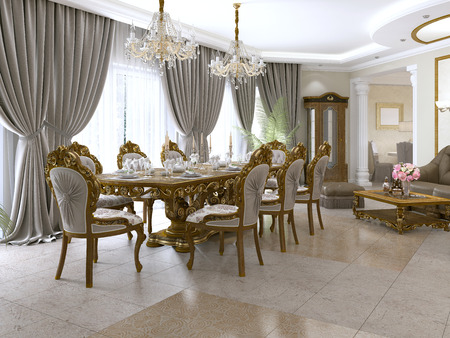 A modern classic living room in an art deco style with a dining table and views of the kitchen and the foyer. 3D rendering.の写真素材