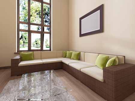 The interior is modern in style with a large rattan sofa and green cushions. 3D renderingの写真素材
