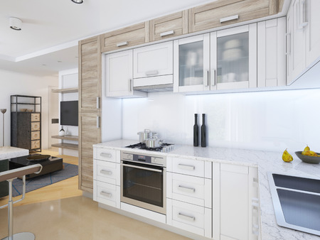 Designer kitchen in contemporary style in pastel colors. 3D renderingの写真素材