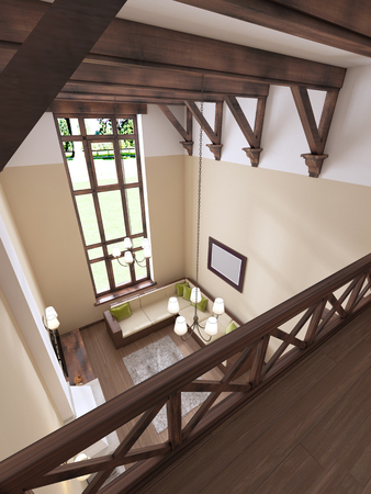 The interior is modern English style with a fireplace. High ceilings with wooden beams. 3D renderingの写真素材