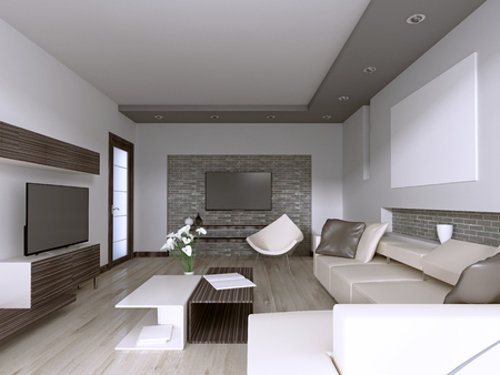 Contemporary living room with large window overlooking the backyard. 3D renderingの写真素材