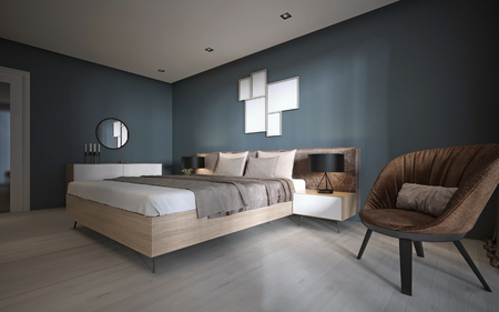 Modern bedroom in dark colors. 3D renderingの写真素材