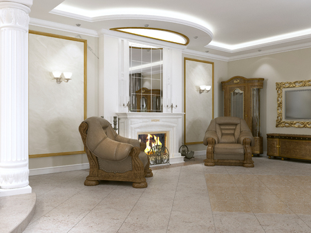 A modern classic living room in an art deco style with a dining table and views of the kitchen and the foyer. 3D rendering.の写真素材
