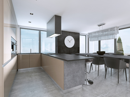 Contemporary kitchen with large windows and island with bar stools. 3D rendering.の写真素材