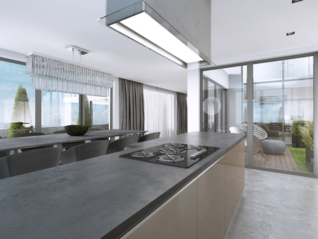 Contemporary kitchen with large windows and island with bar stools. 3D rendering.の写真素材
