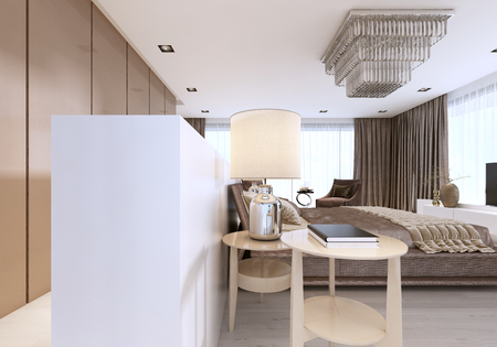 Luxurious modern master bedroom in light colors in pastel colors. 3D renderingの写真素材