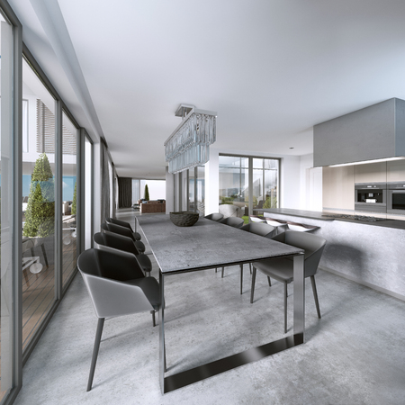 Large modern dining table in contemporary kitchen. 3D renderingの写真素材