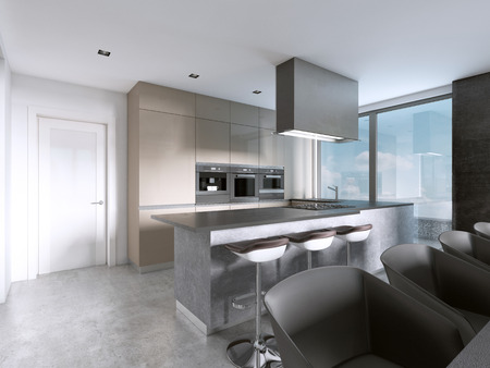 Contemporary kitchen with large windows and island with bar stools. 3D rendering.の写真素材