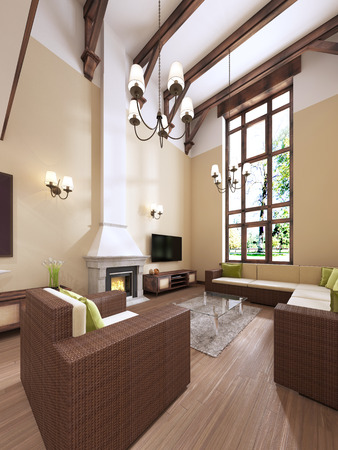 The interior is modern English style with a fireplace. High ceilings with wooden beams. 3D renderingの写真素材