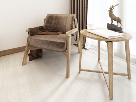 Relax zone bedroom scandinavian style, armchair coffee table. 3D renderingの写真素材