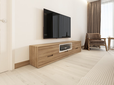 modern TV unit in a scandinavian bedroom. 3D renderingの写真素材
