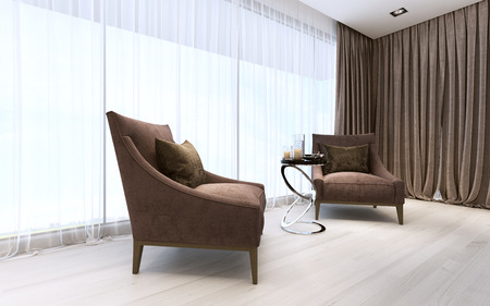 Relax zone with two armchairs in a luxurious bedroom. 3D renderingの写真素材