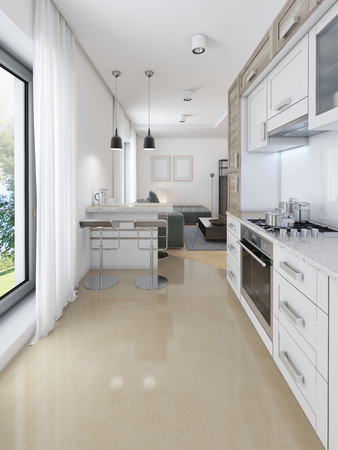 Designer kitchen in contemporary style in pastel colors. 3D renderingの写真素材