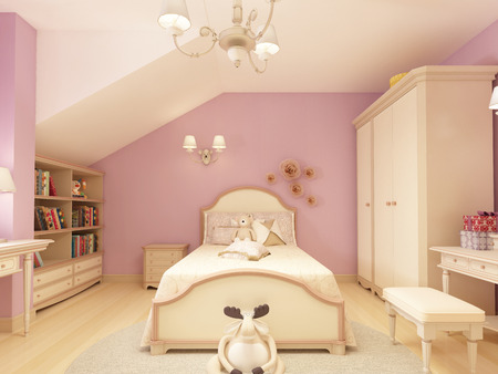 Light children's room in a classical style for a girl. 3D rendering.の写真素材