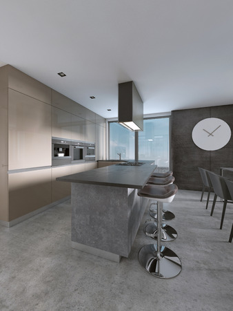 Contemporary kitchen with large windows and island with bar stools. 3D rendering.の写真素材