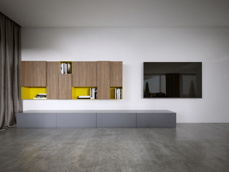 TV unit in a modern style in brown and yellow colors. 3D renderingの写真素材